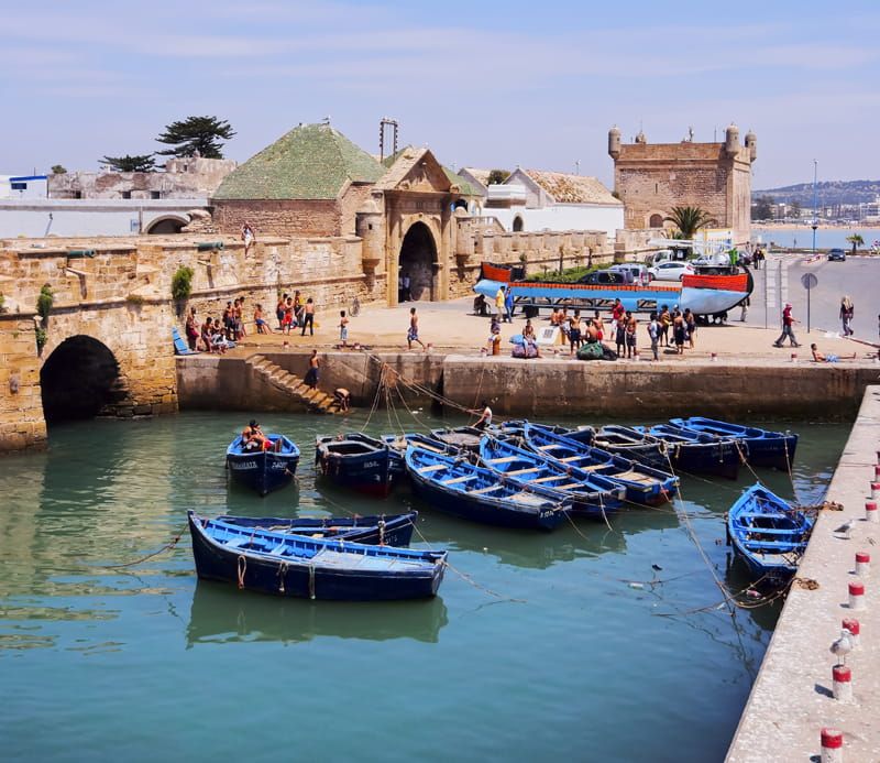 Traditional blue fishing boats in the port city of Essaouira