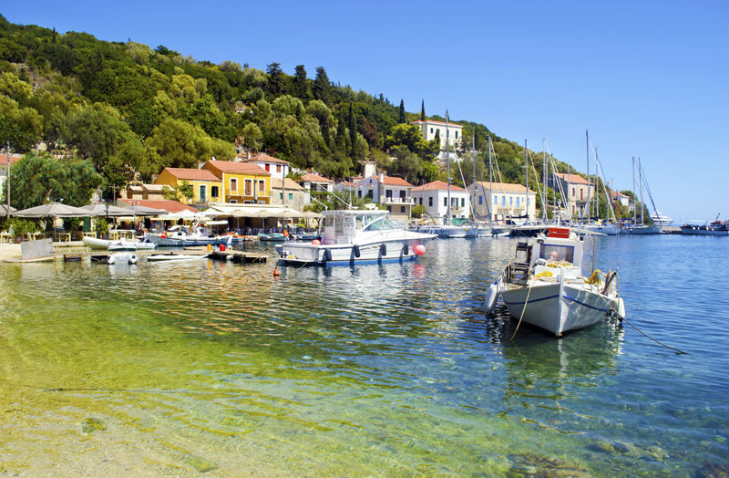 The picturesque fishing village of Kioni on the Greek island of Ithaca
