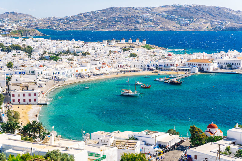View of the harbour on the Greek island of Mykonos