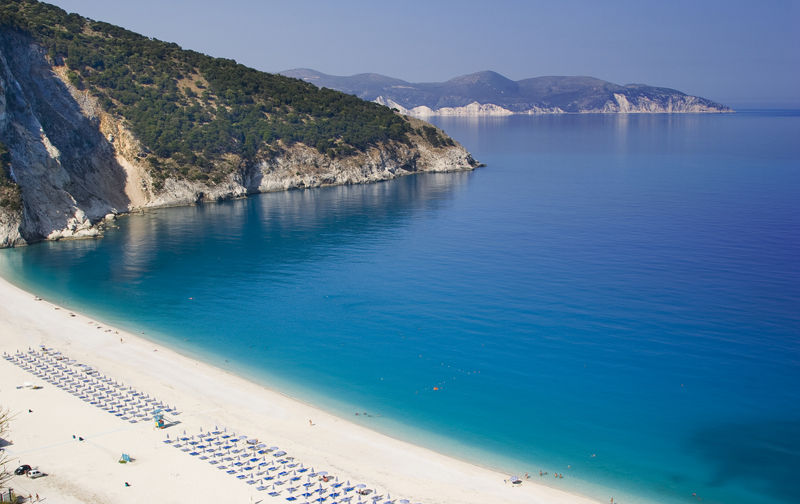 The peaceful and unspoilt Myrtos beach on the Greek island of Kefalonia
