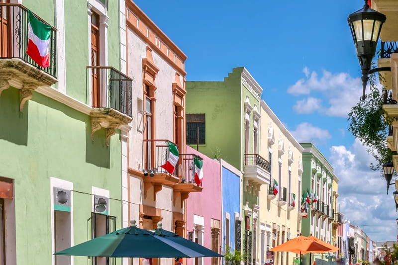 The pastel-coloured pretty buildings of Campeche in Mexico