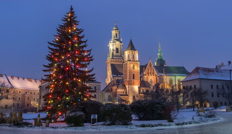 Krakow's beautiful Wawel castle at night at Christmas