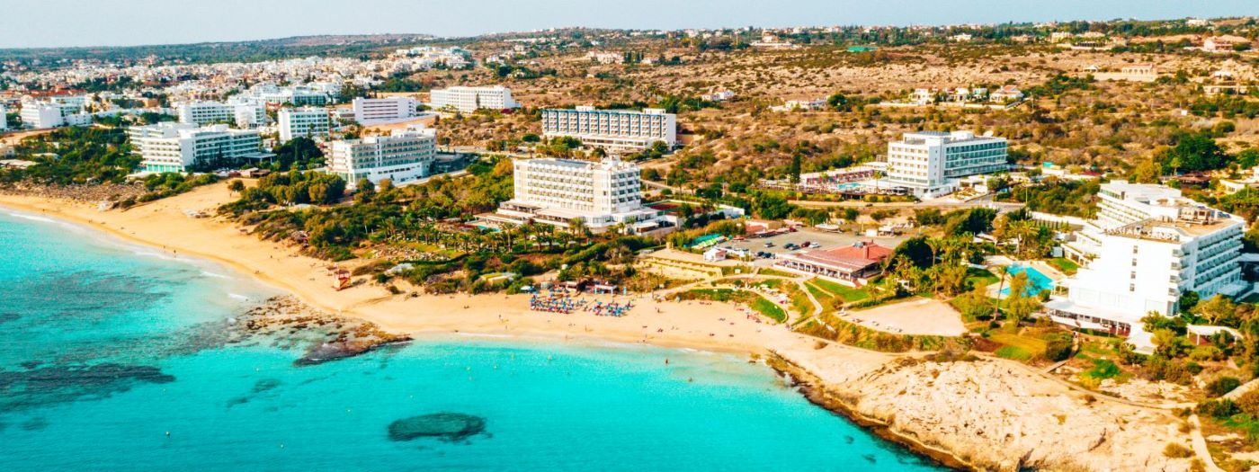 Ariel View of the island Aiya Napa, Cyprus, beach and coastline.