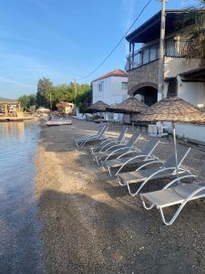 Beach chairs and umbrellas at Beyaz Suite Hotel, Turkey