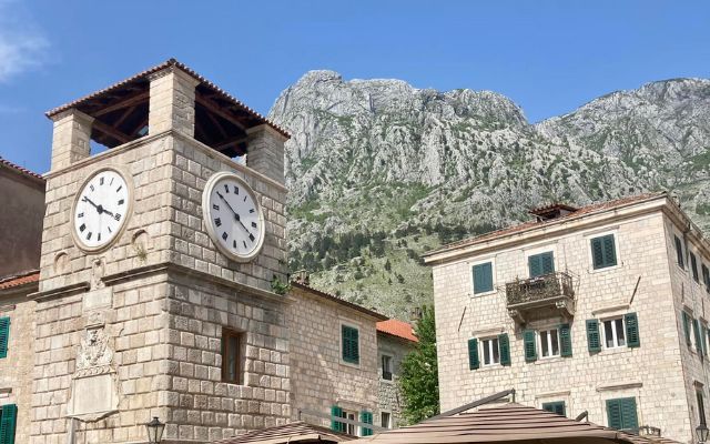 clocktower and buildings in Montenegro