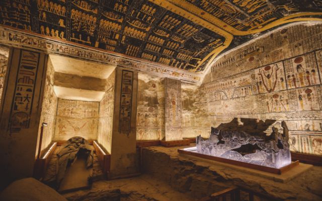 White Stone Sarcophagus inside the Ancient Egyptian Tomb of the Valley of the Kings in Luxor Egypt